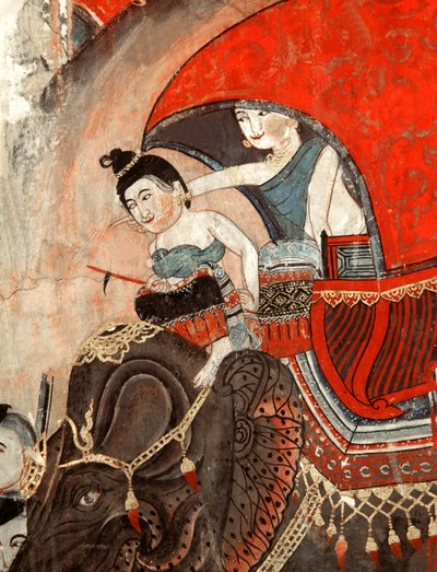 Una princesa y su asistente montando un elefante (mural) de Thai School