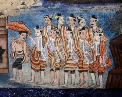 Un grupo de hombres Thai yai (Shan), detalle de los murales de Viharn laikam que retratan los Cuentos de Sang Thong de Thai School