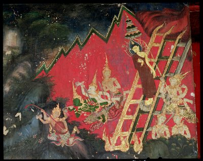 Buda descendiendo del cielo (pintura mural) de Thai School