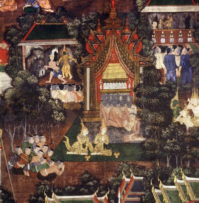 Multitud viendo actuaciones teatrales y de marionetas en la ocasión del funeral de Buda, (detalle) de la Muerte de Buda de Thai School