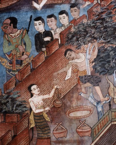 (Detalle) de un mural en el Viharn laikam en Wat Phra Singh de Thai School