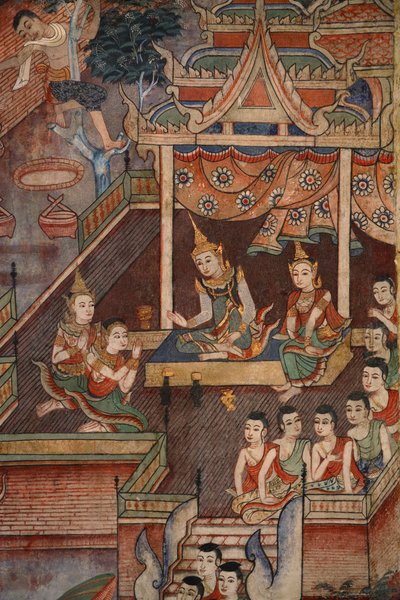 (Detalle) de un mural en el Viharn laikam en Wat Phra Singh de Thai School