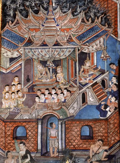 Detalle de los murales de Viharn laikam que retratan los Cuentos de Sang Thong de Thai School