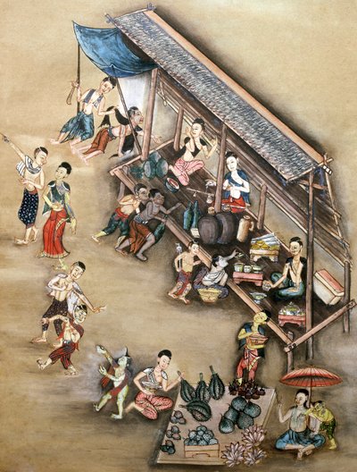 Pintura popular que representa una escena de mercado de Thai School