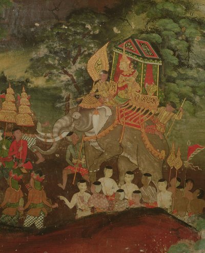 Rey Sanjaya en un elefante, Wat Suwannaram, Dhonburi, 1831 de Thai School