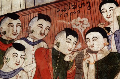 Amantes fumando, (detalle) de un mural en Wat Phumin de Thai School