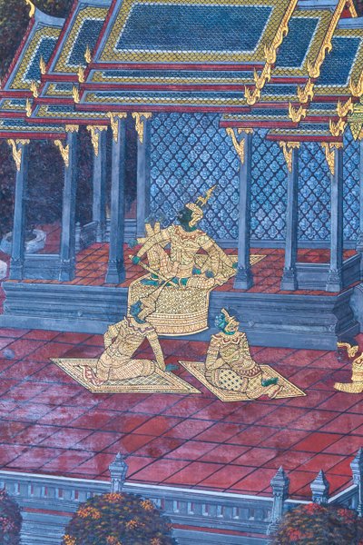 Mural con escenas del Ramayana en Wat Phra Kaeo, Gran Palacio Real, Bangkok, Tailandia de Thai School