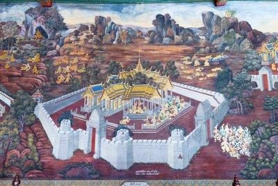Mural con escenas del Ramayana en Wat Phra Kaeo, Gran Palacio Real, Bangkok, Tailandia de Thai School