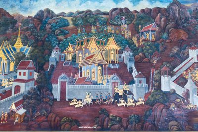 Mural con escenas del Ramayana en Wat Phra Kaeo, Gran Palacio Real, Bangkok, Tailandia de Thai School