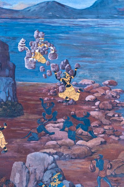 Mural con escenas del Ramayana en Wat Phra Kaeo, Gran Palacio Real, Bangkok, Tailandia de Thai School