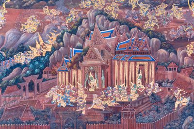 Mural con escenas del Ramayana en Wat Phra Kaeo, Gran Palacio Real, Bangkok, Tailandia de Thai School