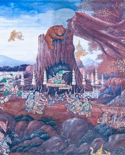 Mural con escenas del Ramayana en Wat Phra Kaeo, Gran Palacio Real, Bangkok, Tailandia de Thai School