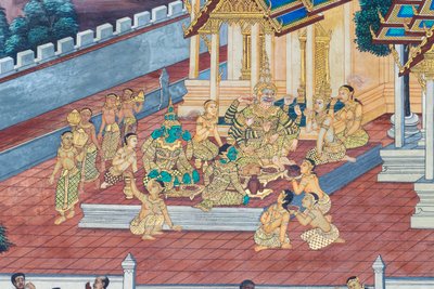 Mural con escenas del Ramayana en Wat Phra Kaeo, Gran Palacio Real, Bangkok, Tailandia de Thai School