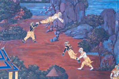 Mural con escenas del Ramayana en Wat Phra Kaeo, Gran Palacio Real, Bangkok, Tailandia de Thai School