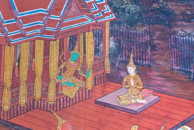 Mural con escenas del Ramayana en Wat Phra Kaeo, Gran Palacio Real, Bangkok, Tailandia de Thai School