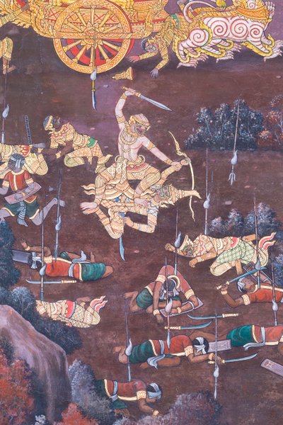 Mural con escenas del Ramayana en Wat Phra Kaeo, Gran Palacio Real, Bangkok, Tailandia de Thai School