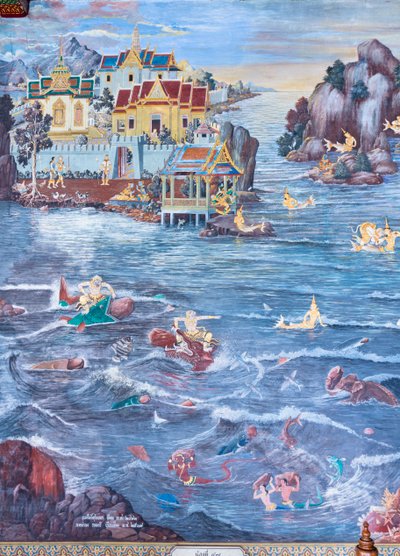 Mural con escenas del Ramayana en Wat Phra Kaeo, Gran Palacio Real, Bangkok, Tailandia de Thai School