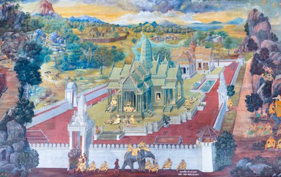 Mural con escenas del Ramayana en Wat Phra Kaeo, Gran Palacio Real, Bangkok, Tailandia de Thai School