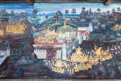 Mural con escenas del Ramayana en Wat Phra Kaeo, Gran Palacio Real, Bangkok, Tailandia de Thai School