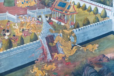Mural con escenas del Ramayana en Wat Phra Kaeo, Gran Palacio Real, Bangkok, Tailandia de Thai School
