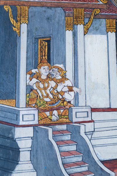 Mural con escenas del Ramayana en Wat Phra Kaeo, Gran Palacio Real, Bangkok, Tailandia de Thai School