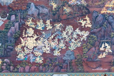 Mural con escenas del Ramayana en Wat Phra Kaeo, Gran Palacio Real, Bangkok, Tailandia de Thai School