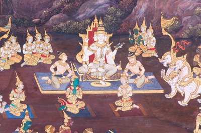 Mural con escenas del Ramayana en Wat Phra Kaeo, Gran Palacio Real, Bangkok, Tailandia de Thai School