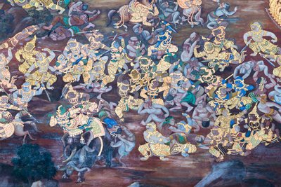 Mural con escenas del Ramayana en Wat Phra Kaeo, Gran Palacio Real, Bangkok, Tailandia de Thai School