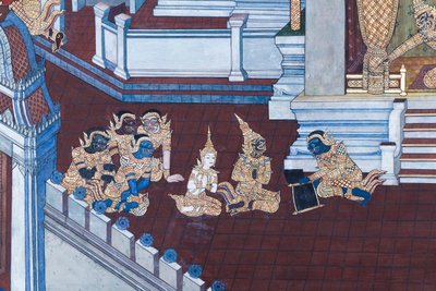 Mural con escenas del Ramayana en Wat Phra Kaeo, Gran Palacio Real, Bangkok, Tailandia de Thai School