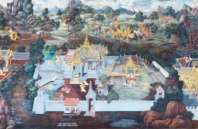 Mural con escenas del Ramayana en Wat Phra Kaeo, Gran Palacio Real, Bangkok, Tailandia de Thai School
