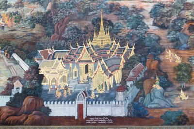 Mural con escenas del Ramayana en Wat Phra Kaeo, Gran Palacio Real, Bangkok, Tailandia de Thai School
