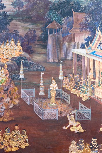Mural con escenas del Ramayana en Wat Phra Kaeo, Gran Palacio Real, Bangkok, Tailandia de Thai School