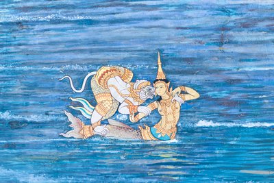 Mural con escenas del Ramayana en Wat Phra Kaeo, Gran Palacio Real, Bangkok, Tailandia de Thai School