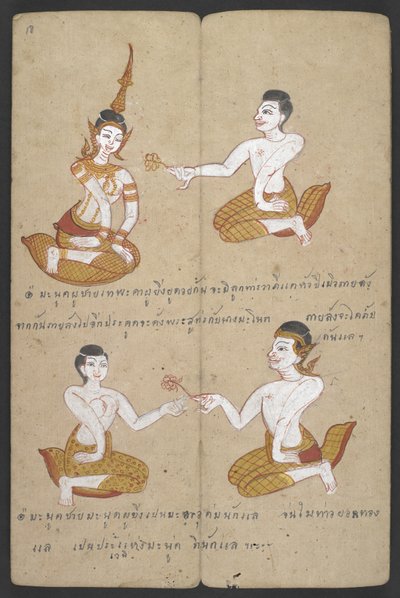O 16455 f.18r, Combinaciones de parejas afortunadas y desafortunadas, de Phrommachat (pergamino) de Thai School