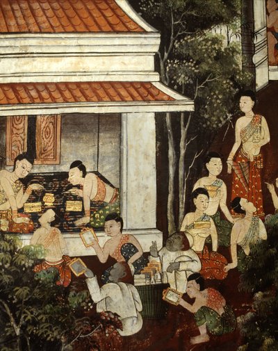 Damas del palacio comprando joyas y espejos a comerciantes musulmanes, estilo Rattanakosin de Thai School