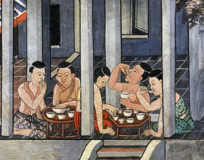 Personas comiendo en mesas redondas bajas llamadas Kantoke, mediados del siglo XIX de Thai School