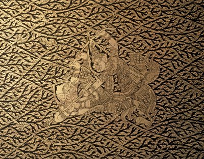 ARTE TAILANDÉS: Episodio del "Ramayana" con decoración Kra Nak. Estuche de libros, Bangkok St. de Thai School