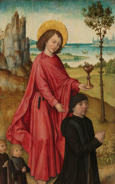 Un donante y sus dos hijos con San Juan Evangelista, ala interior izquierda de un tríptico de The (Bruges) Master of the Legend of Saint Ursula (workshop of)