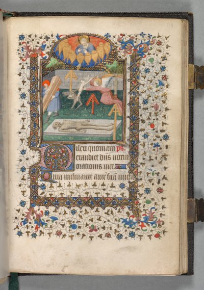 Libro de Horas Uso de París: Fol. 118r, ángel y diablo luchando por un alma, c. 1420 de The Bedford Master