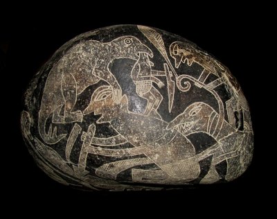 La piedra de Ica. Un dinosaurio matando a un hombre de The Ica stones.