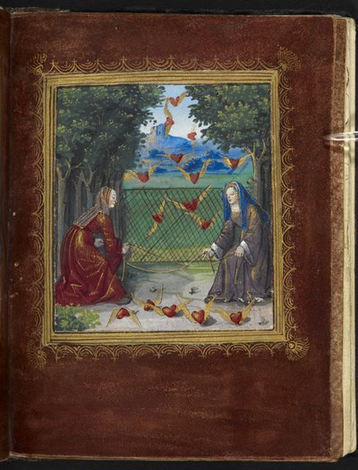 Stowe 955 f.13r Doncellas y corazones alados, miniatura del 