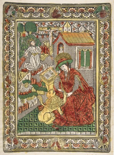 San Jerónimo en penitencia y como erudito quitando una espina de la pata de un león, ca. 1470-85 de The Master of the Mountainlike Clouds