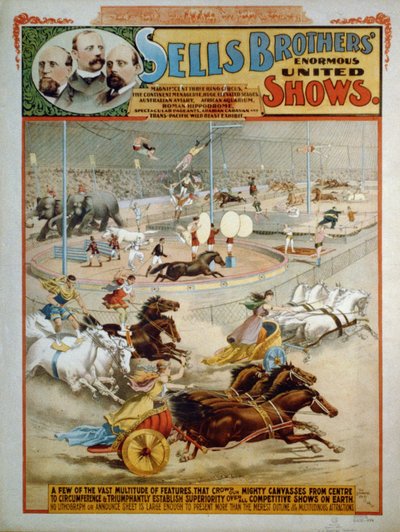 Espectáculos enormes de los hermanos Sells, ca. 1885 de The Strobridge Lithographing Company