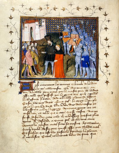 (Folio entero) El rey Ricardo II, conducido cautivo por Enrique Bolingbroke a Londres, renuncia al trono; orla decorada con texto debajo. de The Virgil Master