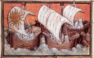 Harl 1319 f.18 La salida de la flota de Ricardo II de Irlanda, Historia del rey de Inglaterra, Ricardo II (vitela) de The Virgil Master