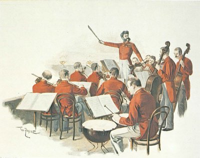 El compositor austriaco Johann Strauss II y su banda de música en el baile de la corte. de Theo Zasche