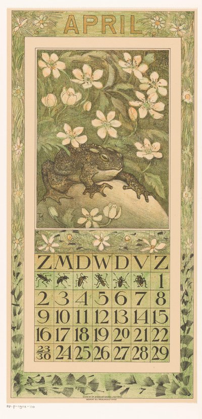 Hoja del calendario de abril con la rana
Calendario 1911 12 litografías de Th. v. Hoytema (título de la serie)
Camino entre flores de Theo van Hoytema