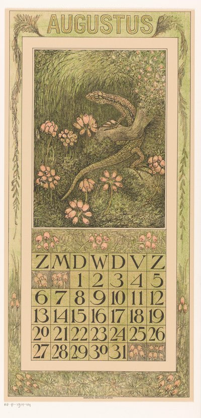 Página del calendario Agosto con lagarto y brezo
Calendario 1911 12 litografías de Th. v. Hoytema (título de la serie) de Theo van Hoytema