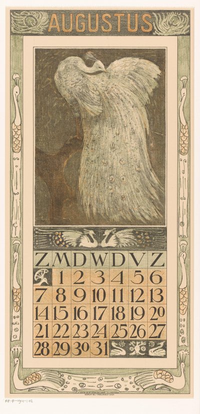 Hoja de calendario agosto con pavo real blanco
Calendario 1910 12 litografías de Th. v. Hoytema (título de la serie) de Theo van Hoytema