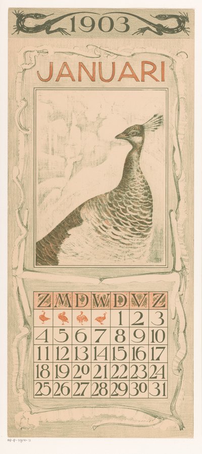 Hoja de calendario enero con pavo real
Calendario 1903 12 litografías de Th. v. Hoytema (título de la serie) de Theo van Hoytema